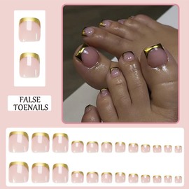 French Short False Toenails - French Pink Gold Edge Toe Nail Tips - 24pcs Press On Toe Nails - Glossy Stick On Toe Nails with Glue - Full Cover Toe Nail Tips for Women Nails Art Manicure