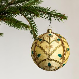 Lalit 10cm Beige Bauble with Gold Embroidery & Teal Accents | Handcrafted Ornament | Luxury Holiday Décor | Sustainable Gift for Festive Celebrations