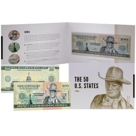 HOBBY OF KINGS USA 100 Dollar Note | Iowa Commemorative Souvenir | John Wayne Portrait | One-Room School Bell | Collector's Album | The 50 U.S. States Edition