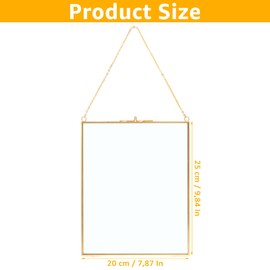 ZOFUN Copper Picture Frame, 25 x 20 cm, Hanging Glass Picture Frame, Brass Hanging Floating Glass Photo Frame, Gold Geometric Ornament, Plant Sample Clip