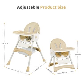 6-in-1 Foldable Baby High Chair for Babies & Toddlers – Adjustable Height & Recline, 5-Point Safety Harness, Removable Tray | Portable Highchair, Space-Saving & Easy Clean | Silla de Comer para Bebé