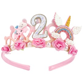 SuPoo 2nd Birthday Headband - Flower Crown for Girls Princess Tiara - Cute 2 Year Old Birthday Party Decorations Accessory