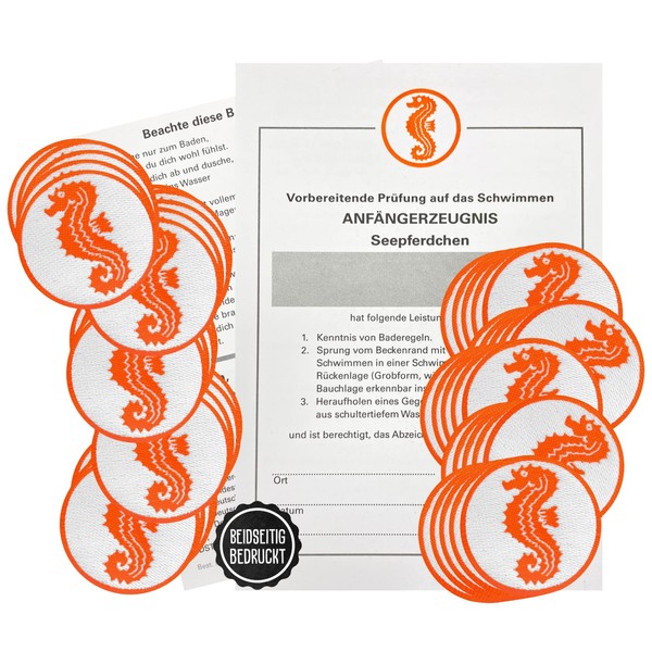 AXIONMARKT® Set of 100 XXL – 50 Seahorse Badges to Iron-On – 50 Seahorse Certificates – Seahorse Badge Round Approx. 6 cm – Ideal for Swimsuit, Backpack, T-Shirt, Swimming Shorts for Children