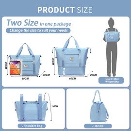 FIORETTO Womens Expandable Gym Tote Bag Duffle Bag with Wet Pocket, Travel Bag Weekend Overnight Bags with Double Shoulder Strap, Water-resistant Carry On Bag Hospital Holdalls for Women Light Blue