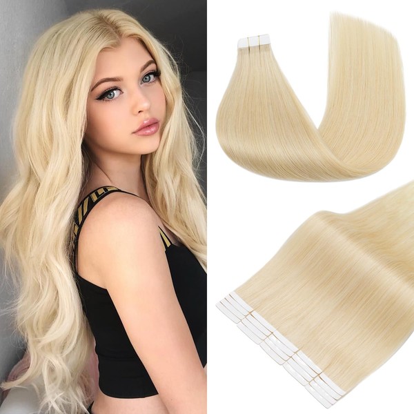 Hairro Tape in Hair Extensions Human Hair, 14 inch #613 Bleach Blonde 30g Tape in Human Hair Extension Real Remy Hair Invisible Seamless Skin Weft for Women 20pcs Straight Tape Hair (14 inch, #613, 30g)