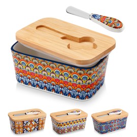 vancasso SIMI Butter Dish with Lid, 6.5" Large Butter Dish for Countertop, Bohemian Ceramic Butter Keeper Container with Knife and Bamboo Lid, Butter Holder for Counter, Regal Bloom