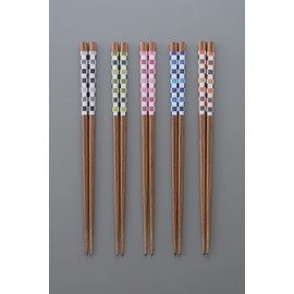 Hiranoi Chopsticks & Chopsticks Set, 5 Pairs, Painted Chopsticks Wakasa Lacquer, Dishwasher-Safe, Hanairo Checkered Chopsticks (5 Pairs), Brown, Approx. 8.9 inches (22.5 cm) Long