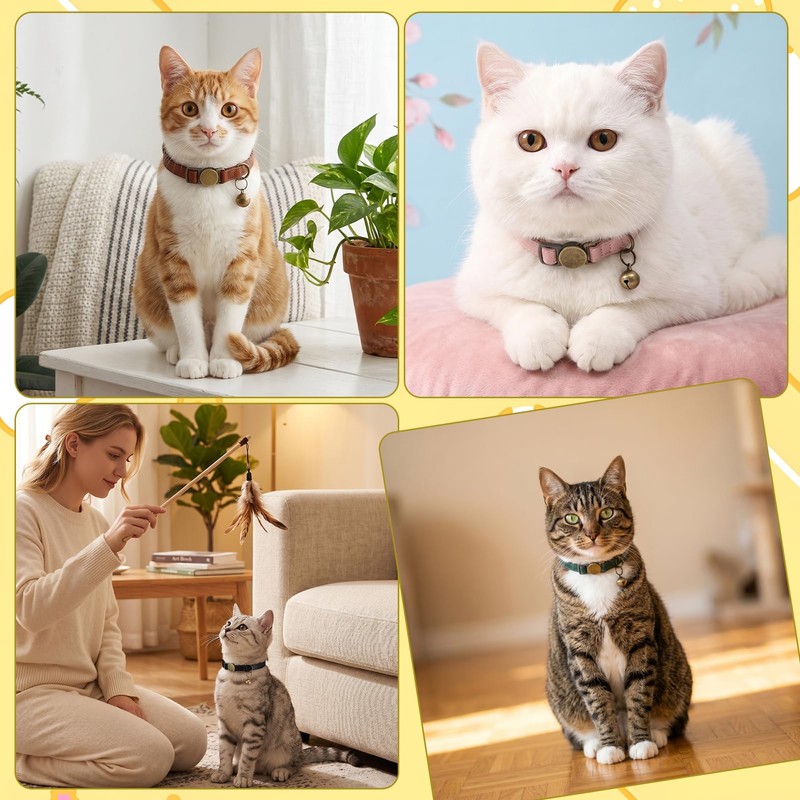 4 Pcs Leather Cat Collar Breakaway with Bell Adjustable Safety