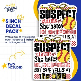 Softball Mom Stickers - Funny Sports Quote - Yells at The Ump - 2 Pack - - 5" Wide Design - Adheres to Laptops, Tumblers, and More – Made in The USA - AQS2118