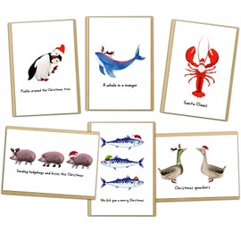 Funny Animals Christmas Cards Bulk, Cute Pun Christmas Cards with Envelopes & Stickers, Assorted Xmas Holiday Note Cards for Children Family Friends Coworkers - 6 Unique Designs (6 x 4 In, 24 Pack)