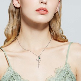 UCADRIT Faith Cross May Birthstone Necklaces Confirmation Gifts Sterling Silver with May Simulated Emerald Green Birthstone Cross Jewelry First Communion Graduation Christmas Gift for Women