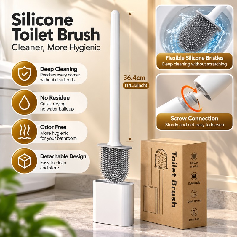 Silicone Toilet Brush for Bathroom Cleaning – Long Handle Wall-Mounted