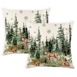 Christmas Winter Pillow Covers 20x20 Inch Set of 2 Xmas Trees Reindeer Decorative Throw Pillow Cover Watercolor Nature Forest Decoration Holiday Farmhouse Pillow Case for Home Sofa Decor Green