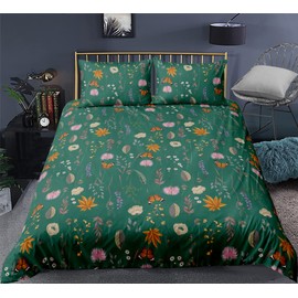 CoutureBridal Floral Duvet Cover King, Dark Green Duvet Cover with Aesthetic Pink Floral Colorful Botanical Yellow Butterfly Printed Bedding Set 3 Pieces Soft Microfiber Comforter Cover Zipper Ties