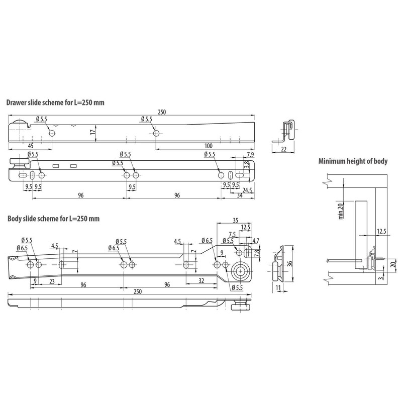 Roller Drawer Slides/Runners Bottom Fix Metal White L:500mm (1pair)