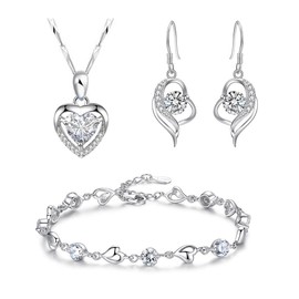 TOFBS Jewellery Set Women's Heart Crystal Pendant Silver Necklace and Earrings Set Bracelet with Cubic Zirconia Bridal Jewellery Set for Women Girls Weddings Birthday, Aluminium