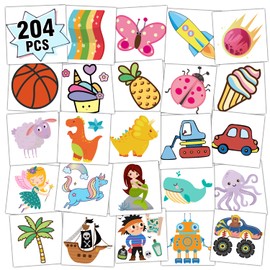 Partywind Temporary Tattoos for Kids, 204 Individually Wrapped Sheets Kids Tattoos Stickers, Kids Birthday Party Supplies, Goodie Bag Fillers, Toys for Boys and Girls