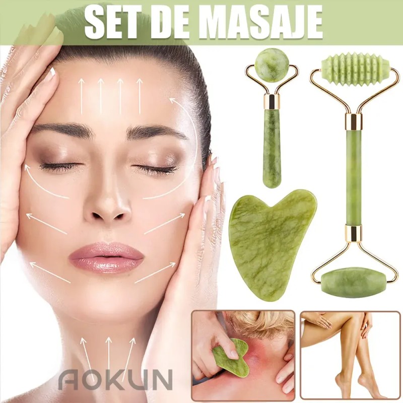 AOKUN Kit 5pzs Rodillo De Masaje De Jade Gua Sha