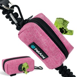 PetAmi Dog Poop Bag Holder for Leash Attachment, Doggie Zipper Pouch Soft Fabric Poop Bag Carrier, Dog Pet Waste Bag Dispenser with Carabiner Clip, 1 Roll of Dog Trash Bag (Pink, 1 Pack)