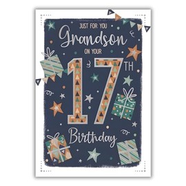 Grandson 17th Birthday Card - Age 17 - Modern Stars Design - Special Finishes and Illustrated Insert Leaf - Made in the UK