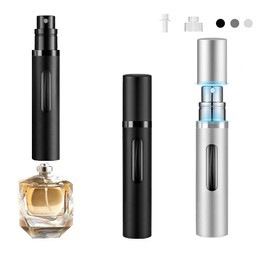 DIOHIO 5ml Perfume Atomizer Travel Refillable,Mini Cologne Dispenser, Bottom-Filling Fragrances Perfumes Bottle,Portable Sprayer Pocket Size for Women Men Cruise Car Trip Gift (black-silver)