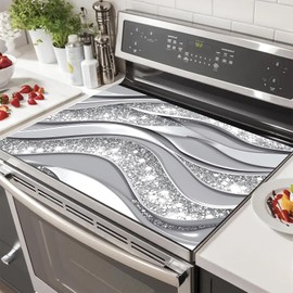 HOMETITUTE Stove Top Cover for Electric Stove 28x20 Inch Diatomite Kitchen Mat Counter Protector Silver Glitter Wave Design Heat Resistant Drying Pad for Glass Cooktop Decorative Mat