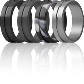 ThunderFit Silicone Wedding Rings For Men, Beveled Brushed Top Edges 6.35mm Wide 2mm Thick - 1/4/7 Variety Multipack (Black, Grey B, Silver, Grey Camo - Size 6.5-7 (17.3mm))