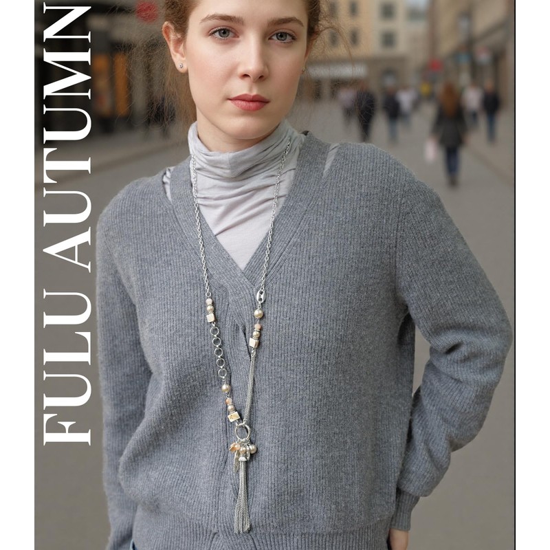 Boho Long Pendant Necklaces for Women Silver Long Sweater Chain