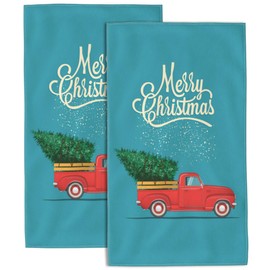 Wotinsi Bath Hand Towels Set of 2 Retro Red Truck with Christmas Tree Towels for Bathroom Soft Absorbent Decorative Hand Towel for Kitchen Sports Gym Yoga Home Decor 14 x 28 in