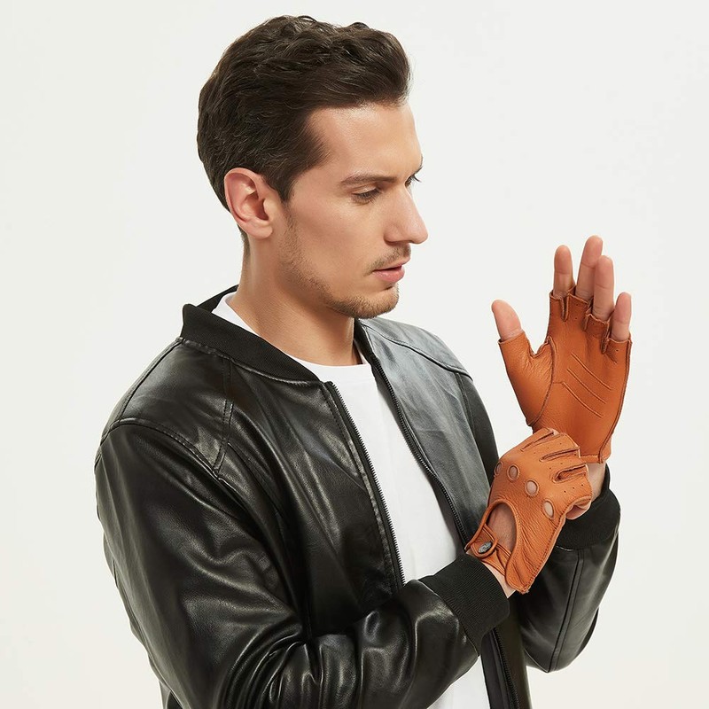 NOVBJECT Men's Fingerless Leather Gloves Deerskin Half Finger Unlined Motorcycle