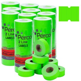 Perco 2 Line Fluorescent Green Labels - 80 Rolls, 10 Sleeves, 80,000 Blank Price and Date Gun Labels for Perco 2 Line Price and Date Guns - Made in USA