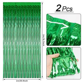 O-Kinee Tinsel Curtains, Green Glitter, Pack of 2 Metallic Glitter Curtain Fringe 1 m x 2 m, Glitter Tinsel Curtain, Foil Fringe Curtain for Christmas Tree, Birthdays, Festivals, Party, Stage