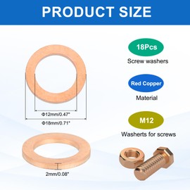 MECCANIXITY 18Pcs Flat Washer, M12 Copper Washers Copper Sealing Ring Crush Washer Kit Assortment, 12mm ID, 18mm OD, 2mm Thick for Bolts Screws Machinery Repair