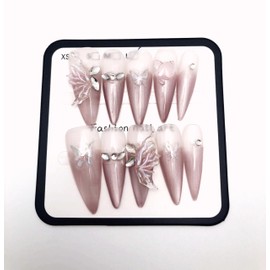 WEN`S WEN Press On Nails Handmade Fall Press On nails with 3D Design Pink Butterfly Stick On Nails Size L