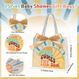 Spakon 25 Sets Here Comes The Son Baby Shower Party Favor Bags Boho Sun Gift Bags with Handles and Bow Ribbons for Baby Shower Birthday Party Decoration Supplies Goodie Souvenirs Treat