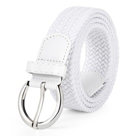 WERFORU Ladies Stretch Belt with Silver Buckle Women's Elasticated Woven Braided Belt for Jeans Pants White