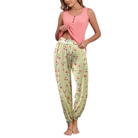 Famulily Women's 2025 Summer Casual Pajama Set Sleeveless Tank Tops and Cherry Print Bottoms Sleepwear with Pockets Pink M