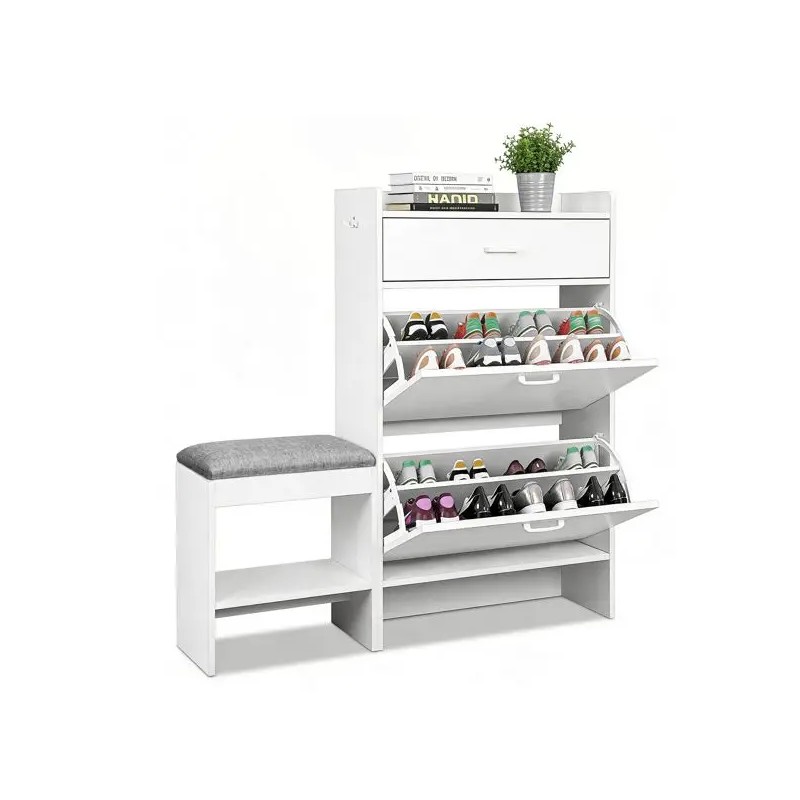 2-Tier White 100*25*117cm Particleboard Shoe Cabinet with Flip Lid and