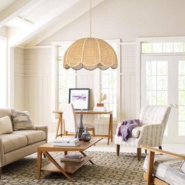 WalmHomie 1 Light Rattan Pendant Light Boho Coastal Chandelier Wicker Light Fixture Large Floral Ceiling Light Hanging for Kitchen Island Living Room Shop Restaurants, 19.68''Wx11.02''H