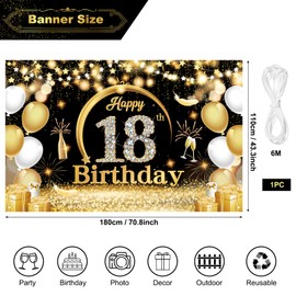 ZAHRVIA 18th Birthday Banner Black Gold, 18th Birthday Party Decorations, 18th Birthday Background Banner, Fabric Sign Poster Background for 18th Birthday Party Decoration Birthday Boys Girls