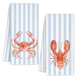 WUCHJ Blue Crab Beach Kitchen Towels Set of 2, Nautical Coastal Striped Hand Towels for Bathroom, Blue Summer Beach Decorative Dish Tea Towels, Seafood Boil Party Supplies, 16x24 Inch