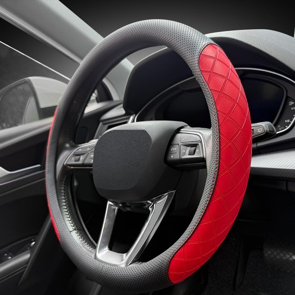 LKWLIKEI Nappa Leather Steering Wheel Cover, Elegant Diamond Checkered Design,