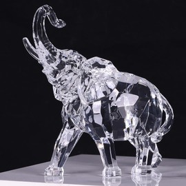 Acrylic Clear Elephant Figurines Crystal Glass Finish, High End African Statues for Home Decor, Elephant with Trunk up, Large Elephant Statue Sculpture, Lucky Elephant Gifts Office Feng Shui Elephant