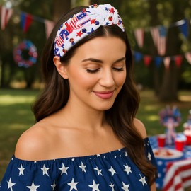 IDDFEVE 4th of July Headband for Women - Patriotic USA Pearl Rhinestone Knotted Hair Hoop, Independence Day Star Crystal Accessory for Holiday & Memorial Day (White)