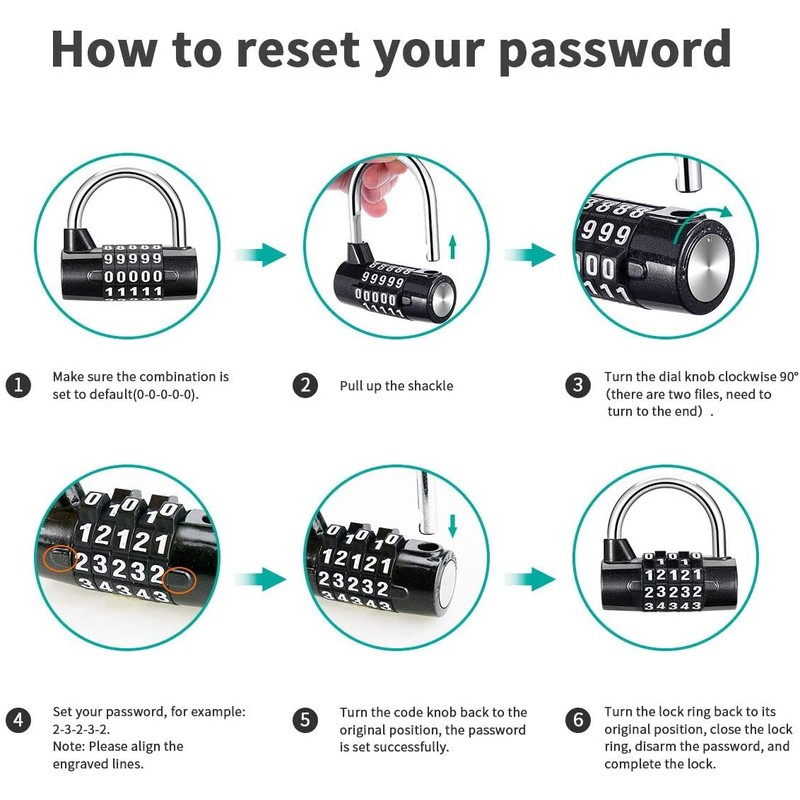 Zinc Alloy U-Shape Padlock, 5 Digit Dial Combination Password Code