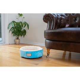 HomeStock Southwestern Sensibilities Soft Plush Round Dog/Cat Bed, Sky Blue/Ivory - 15" x 15" x 5", Silky Plush Velvet, Waterproof Skid-Base