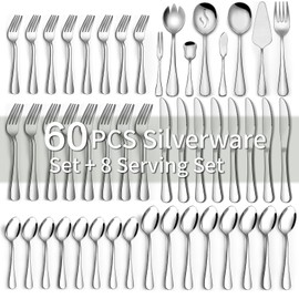 68 Pieces Silverware Set with Serving Utensils Set, CEKEE Stainless Steel Flatware Set for 12, Heavy Duty Cutlery Set, Kitchen Utensil Sets for Home Restaurant, Mirror Finish, Dishwasher Safe