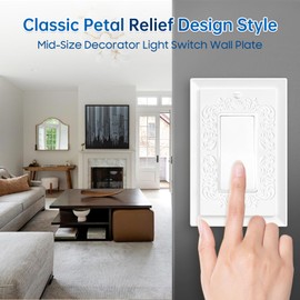 FANYINTY Classic Petal Relief Design Style Light Switch Cover Plate, Modern Decorative Decorator Electric Outlet Covers Wall Plates, Electrical Outlet Cover, Mid-Size 4.9 x 3.1 inch(White 4-Pack)