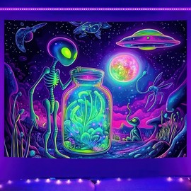 BlissYard Blacklight Extraterrestrial Tapestry Trippy UV Reactive Psychedelic Neon Space Tapestry Wall Black Light Tapestries Posters Wall Hanging for Backdrop Bedroom Dorm Living Room Decor 59X78inch