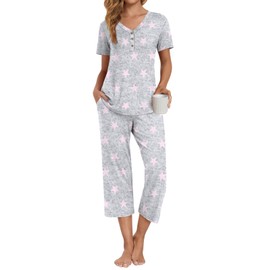 Anyally Women's Pajama Set Plus Size Short Sleeve Top and Sleepwear Pants 2 Piece Lounge Sets Summer Ladies Pjs Sets with Pockets, XL Star Grey